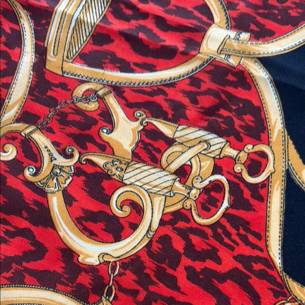 Red and Black Scarf with Gold Equestrian Print Made in Italy
